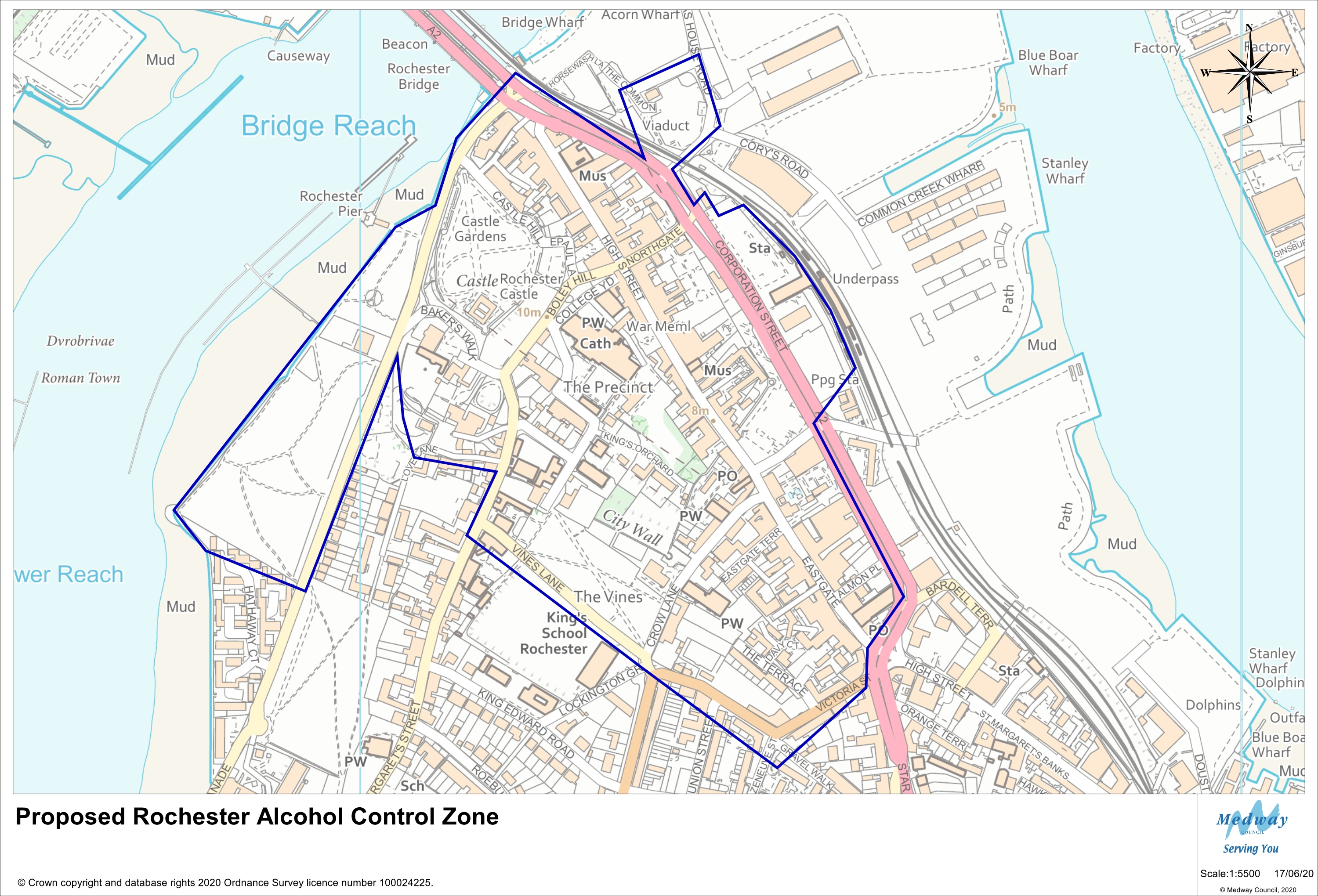 The proposed Rochester Alcohol Control Zone covers Rochester Town Centre. Beginning in The Esplanade the proposed zone includes the green space by the river, heading north to Rochester Bridge. The zone then heads east along Corporation Street taking in Acorn Wharf and Rochester Station. At Blue Boar Lane the zone crosses Corporation Street and takes in the buildings to the south of this boundary and follows along Star Hill and along Victoria Street. The proposed zone then heads along East Row and The Vines before heading back towards The Esplanade.